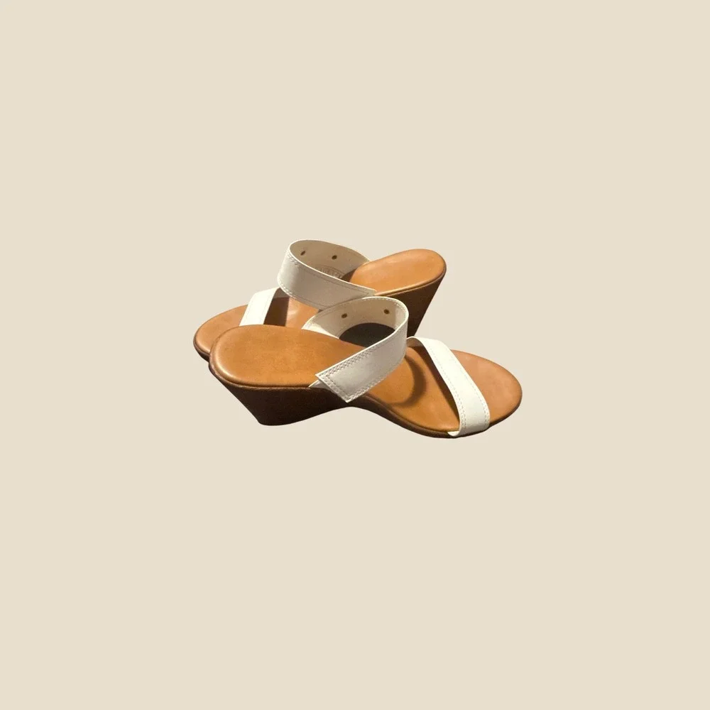 Sesto Meucci White Leather Wedge Sandals Gold Hardware Made in Italy Slides